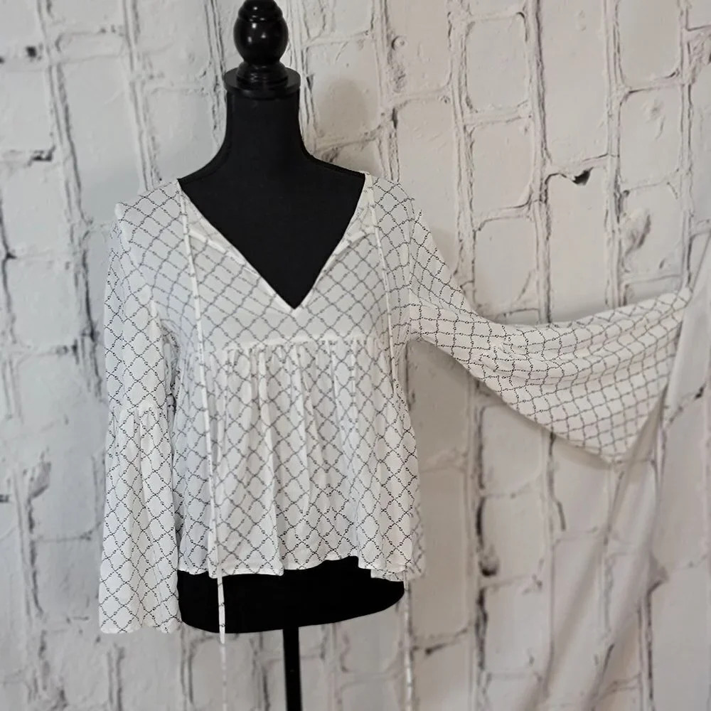 WHITE Navy Grid Flowy Lightweight Empire Waist Bell Flare Sleeve Deep V Blouse